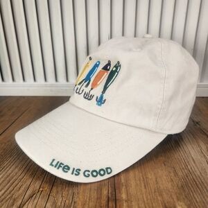 Life is Good Diversified Portfolio Strapback Hat Cap Beige Canvas Fishing Lures